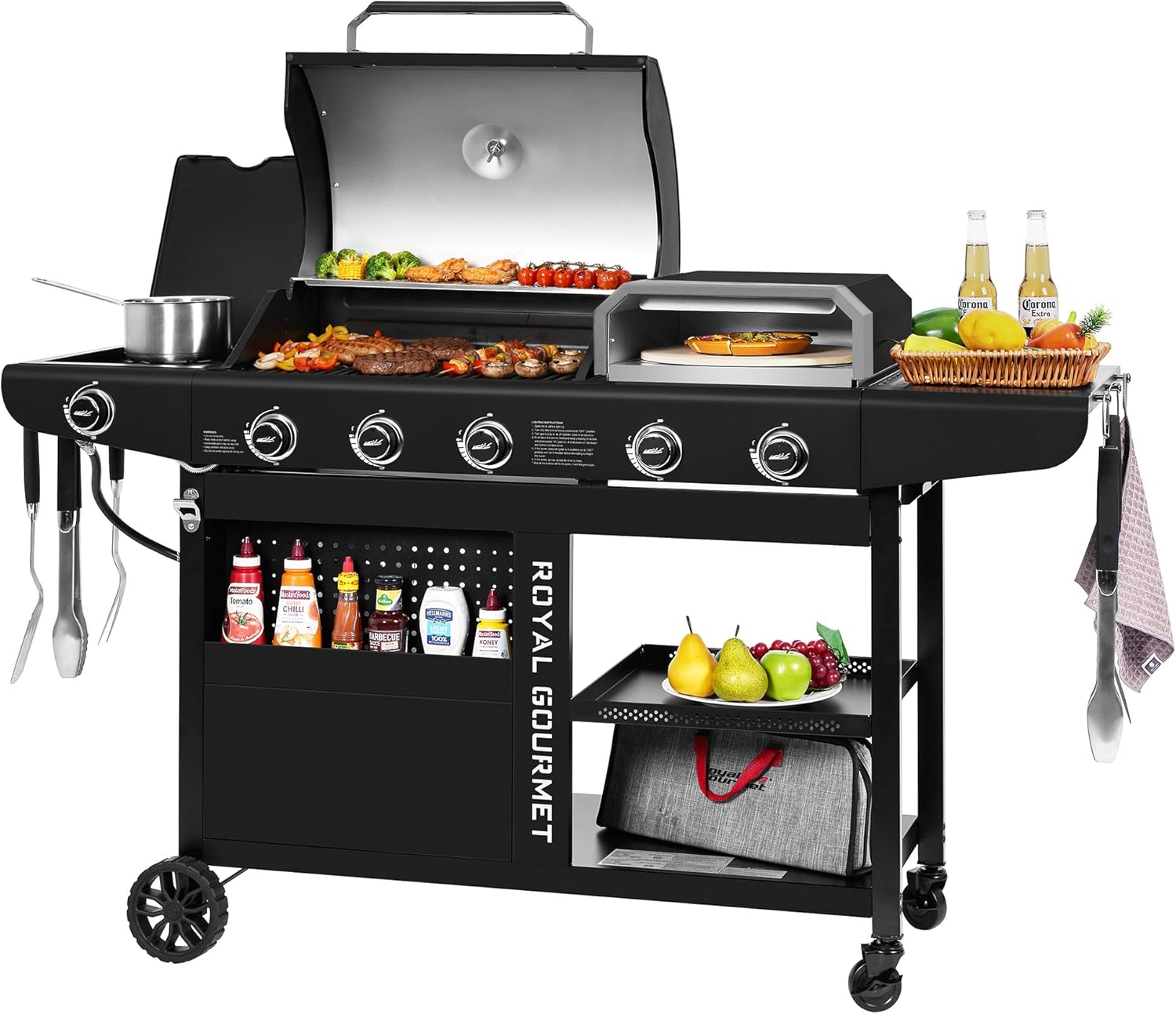 Royal Gourmet ZH3004H 3-in-1 Premium Gas Grill and Pizza Oven Combo with Side Burner, 59,000 BTU, 5-Burner Propane Gas Grill, Pizza Grill Combo, for Backyard, Patio and Outdoor, Black