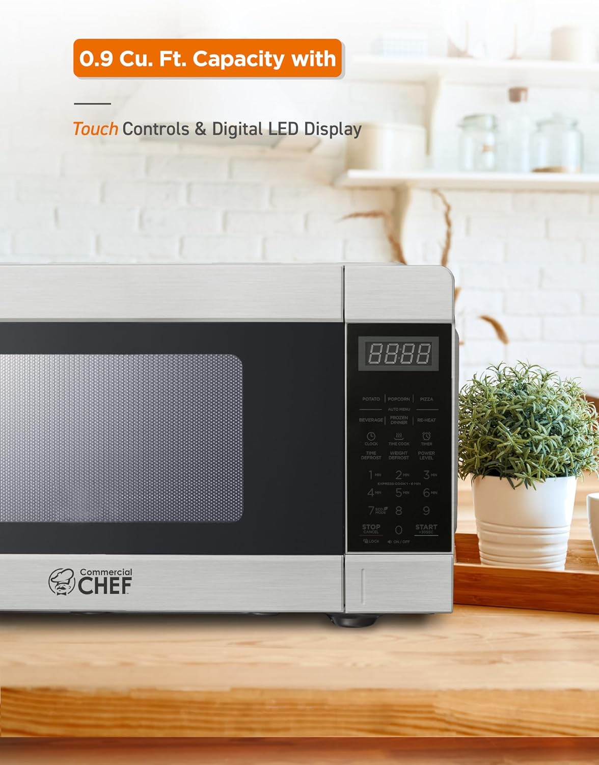 COMMERCIAL CHEF 0.9 Cu Ft Microwave with 10 Power Levels, Push Button and Child Lock, 900 Watt Microwave with Digital Controls, Countertop Microwave with Timer and Quick-Touch Menu, Stainless Steel