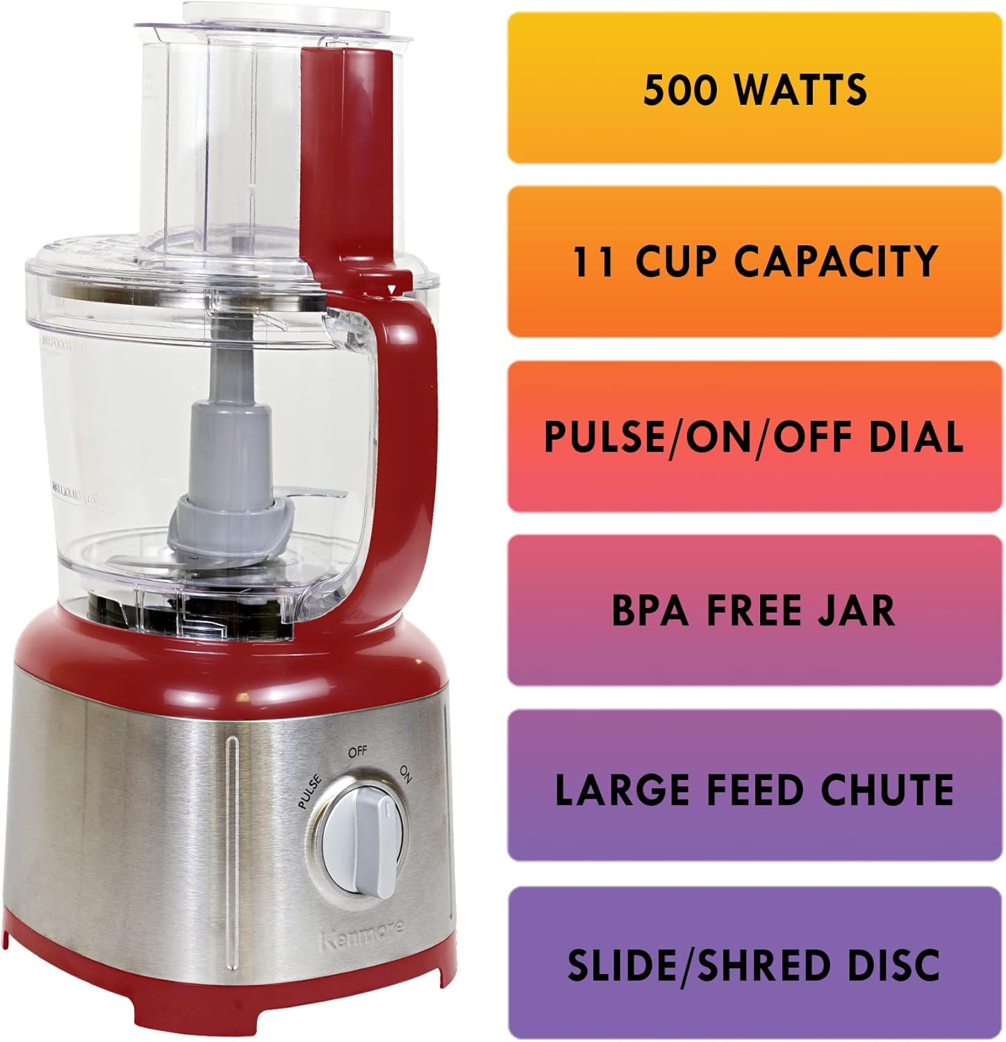 Kenmore 11-Cup Food Processor - Vegetable Procesador de Alimentos, Blender, Onion Chopper And Garlic Mincer, Kitchen Appliance High Powered Electric Licuadora, 500W Red, Stainless Steel Red