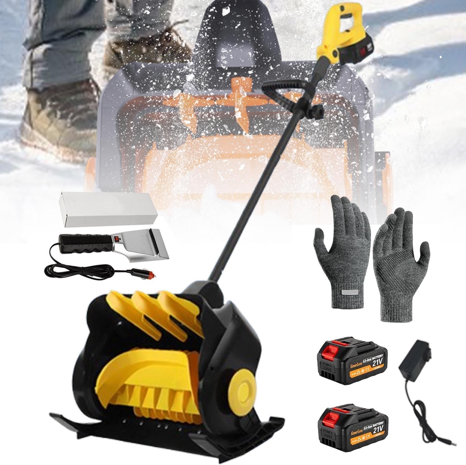 Electric Cordless Snow Shovel,23000rpm Battery Snow Blower W/Gloves+Heated Snow Shovel, with 2 Battery & Quick Charger,41cm Width, 15cm Depth,10m Throwing Distance,Yellow