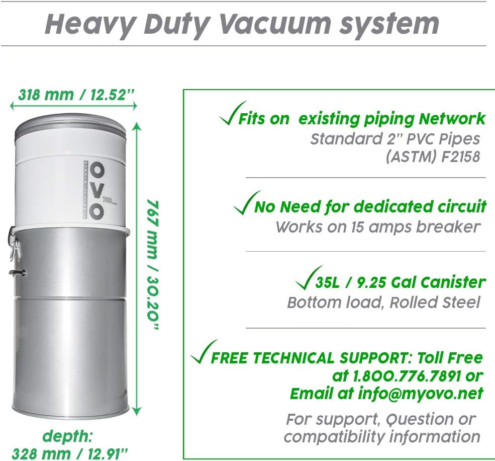 OVO Unit Heavy Duty Powerful Central Vacuum System, Hybrid Filtration (with or Without Disposable Bags) 35L or 9.25Gal, 700 Air watts with 35ft Premium Deluxe Plus Accessory kit Included
