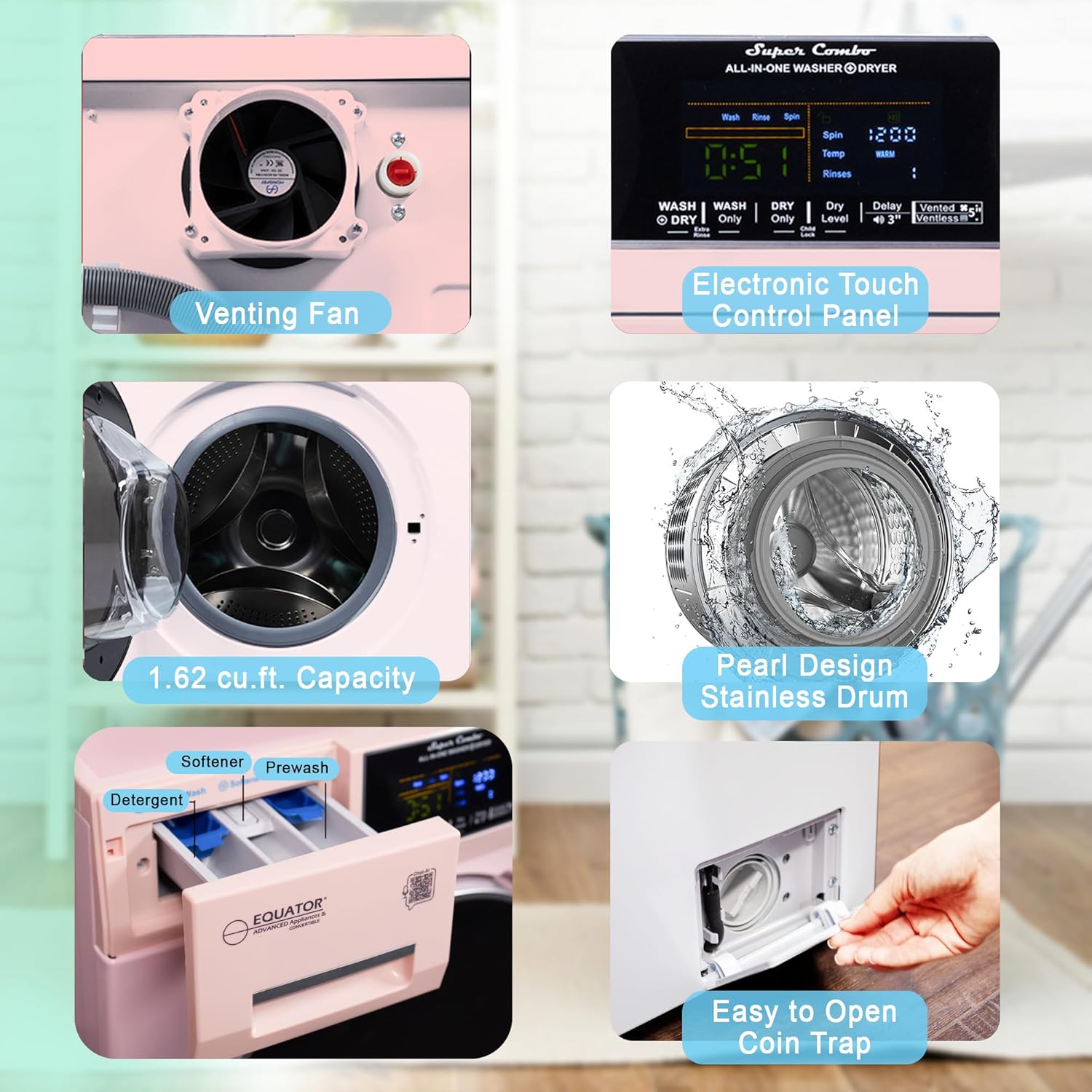Equator All-in-One Washer Dryer VENTLESS/VENTED PET cycle 1.62cf/15lbs 110V in Pink