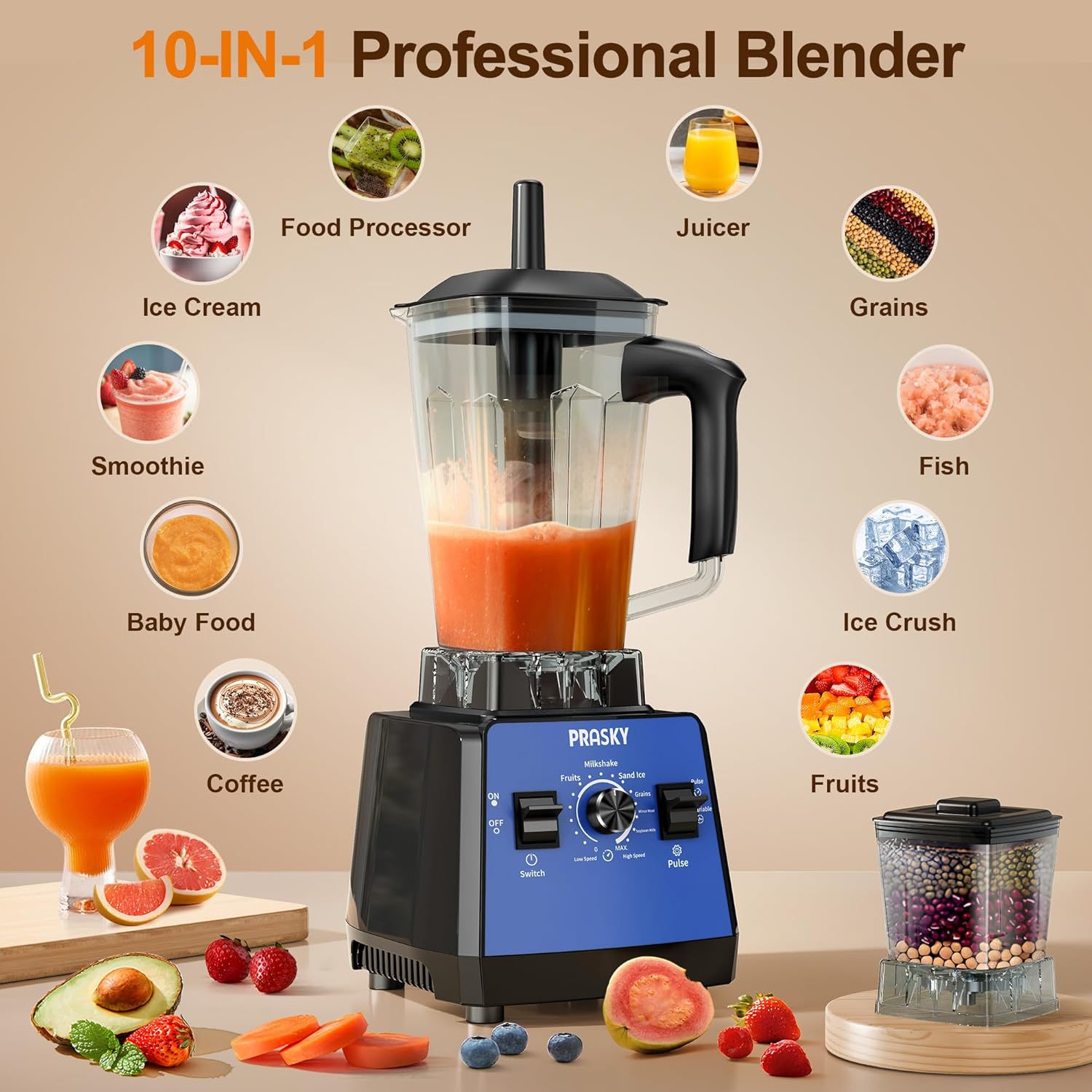 Blender, Smoothie Blenders, PRASKY Max.2400Watts/1000Watts Kitchen Blender and Grinder Combo 25000RPM Powerful Kitchen 68oz BPA Free 2 Containers Countertop Blenders Ice Crushing