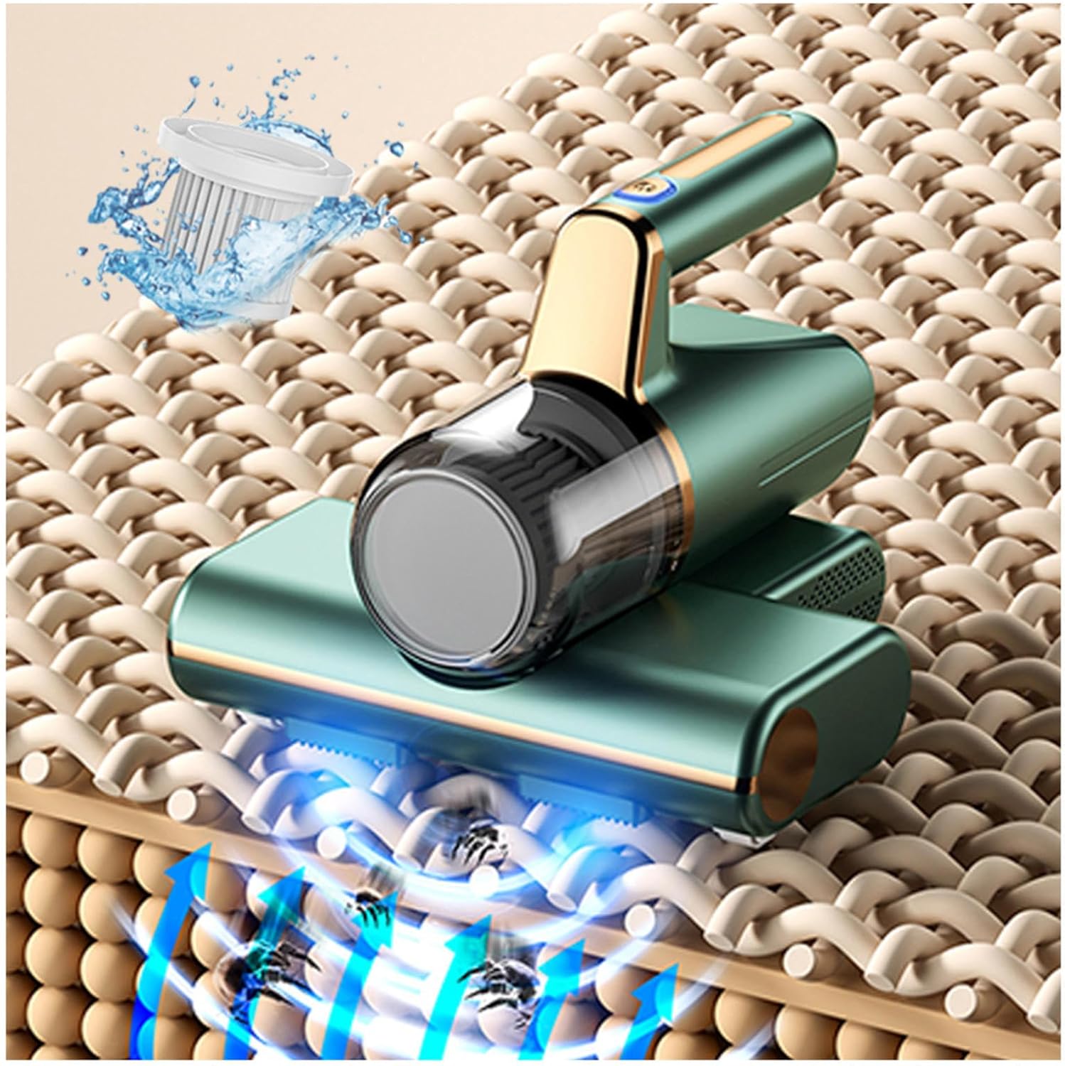 Bed Vacuum Cordless, 3-in-1 Wireless Bed Vacuum and Sterilizer 14kpa Super Suction Bed Vacuum for Bed, Mattresses, Pillows, Sofa, Carpets,Green