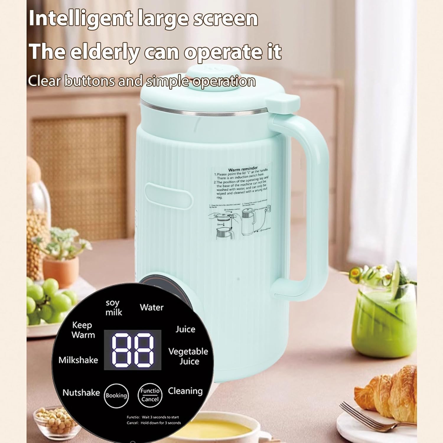 Irishom Nut Milk Maker, Soy Milk Maker Programmable Blender with Digital Display 12 Stainless Steel Blades Auto Cleaning 8H Keep Warm Function (Green)