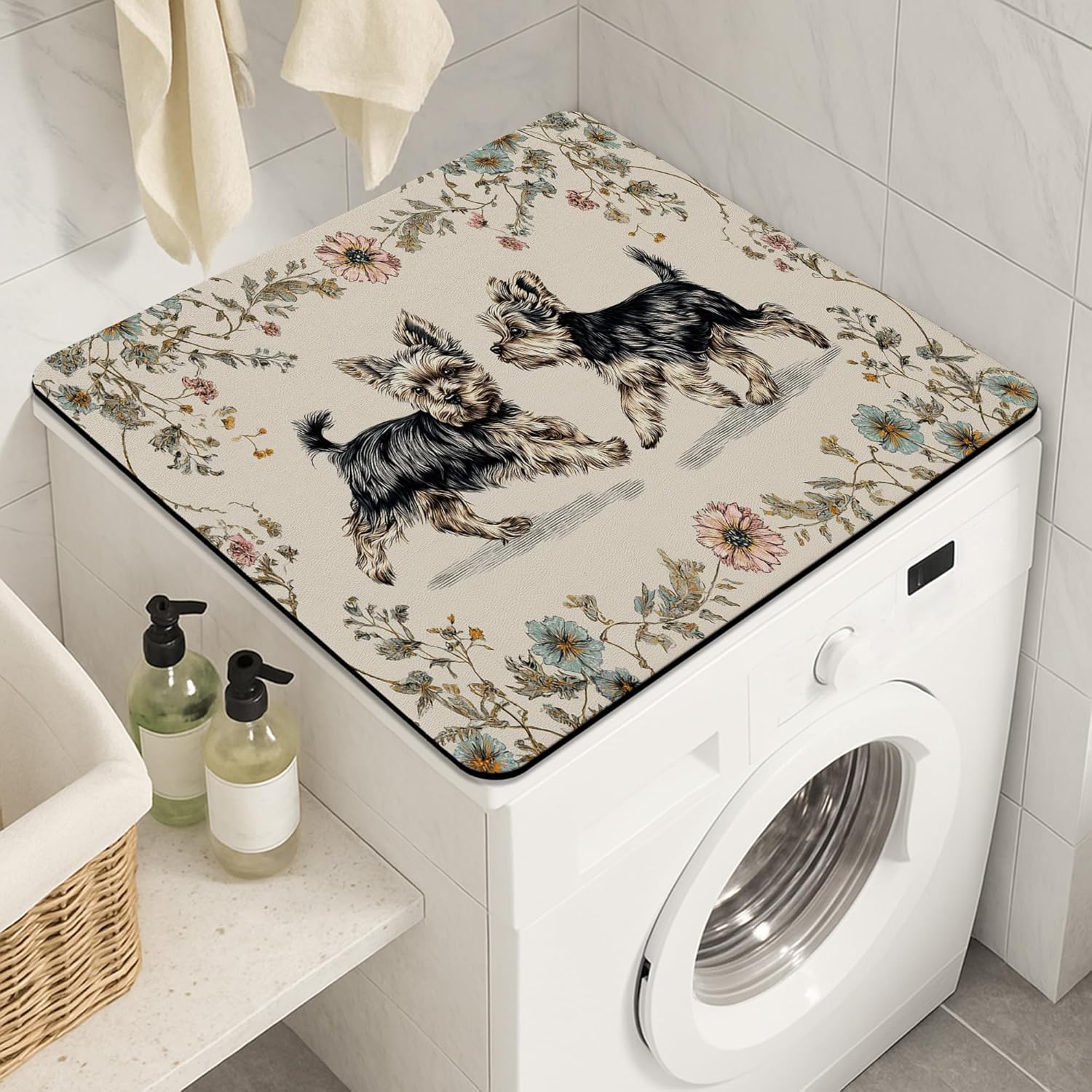 Yorkshire Terrier Washer Dryer Top Protector Mat, Vintage Floral Design Laundry Machine Dust Covers, Decorative Rubber Anti-slip Waterproof Washer And Dryer Mats for Home 24x24 Inch