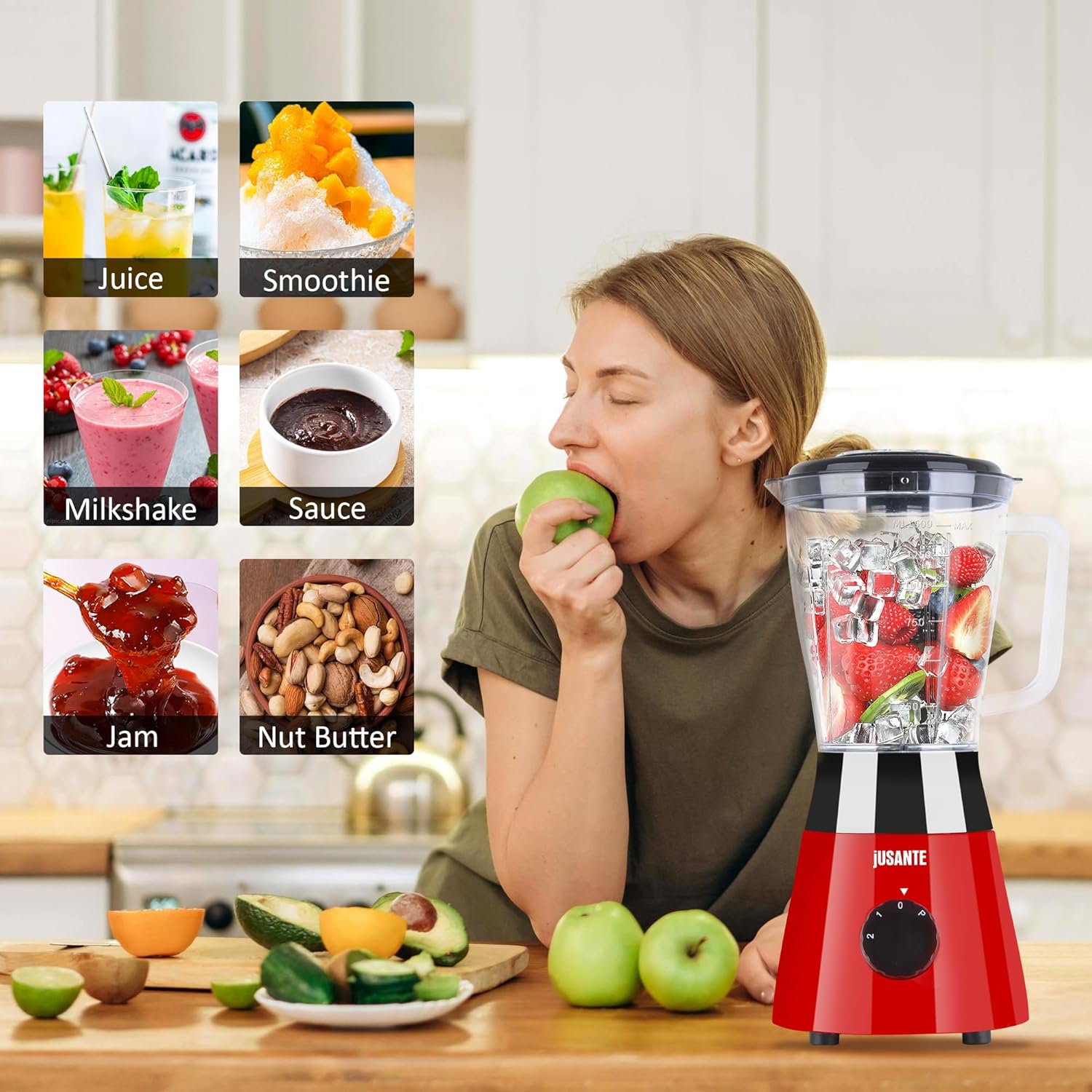 Kitchen Blender, 500W Countertop Blender with 52oz Plastic Jar for Smoothies Milkshake Desserts Nut Butter, Cocktails Sauces (Red)