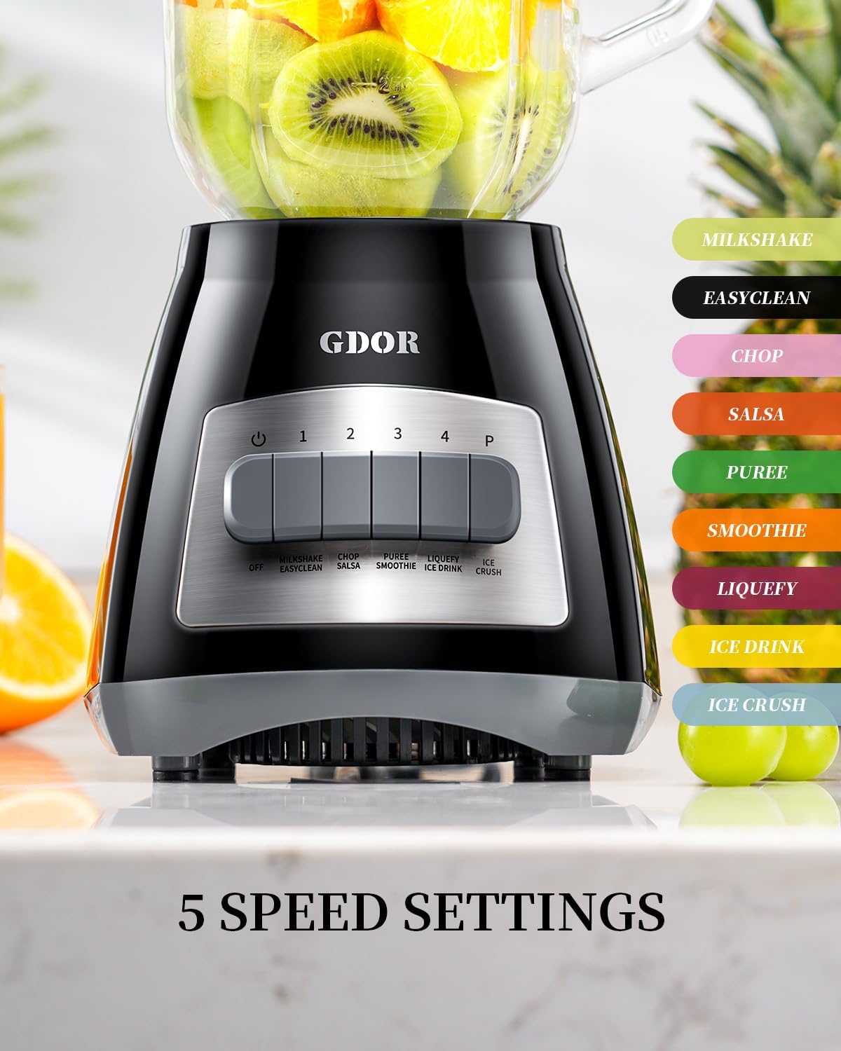 GDOR Blender, 52 Oz Glass Jar, Multi-Function Kitchen Blender & Grinder Combo, 9 Functions with Shakes, Puree, Crush Ice, and Chop, Max 700W, Self Cleaning