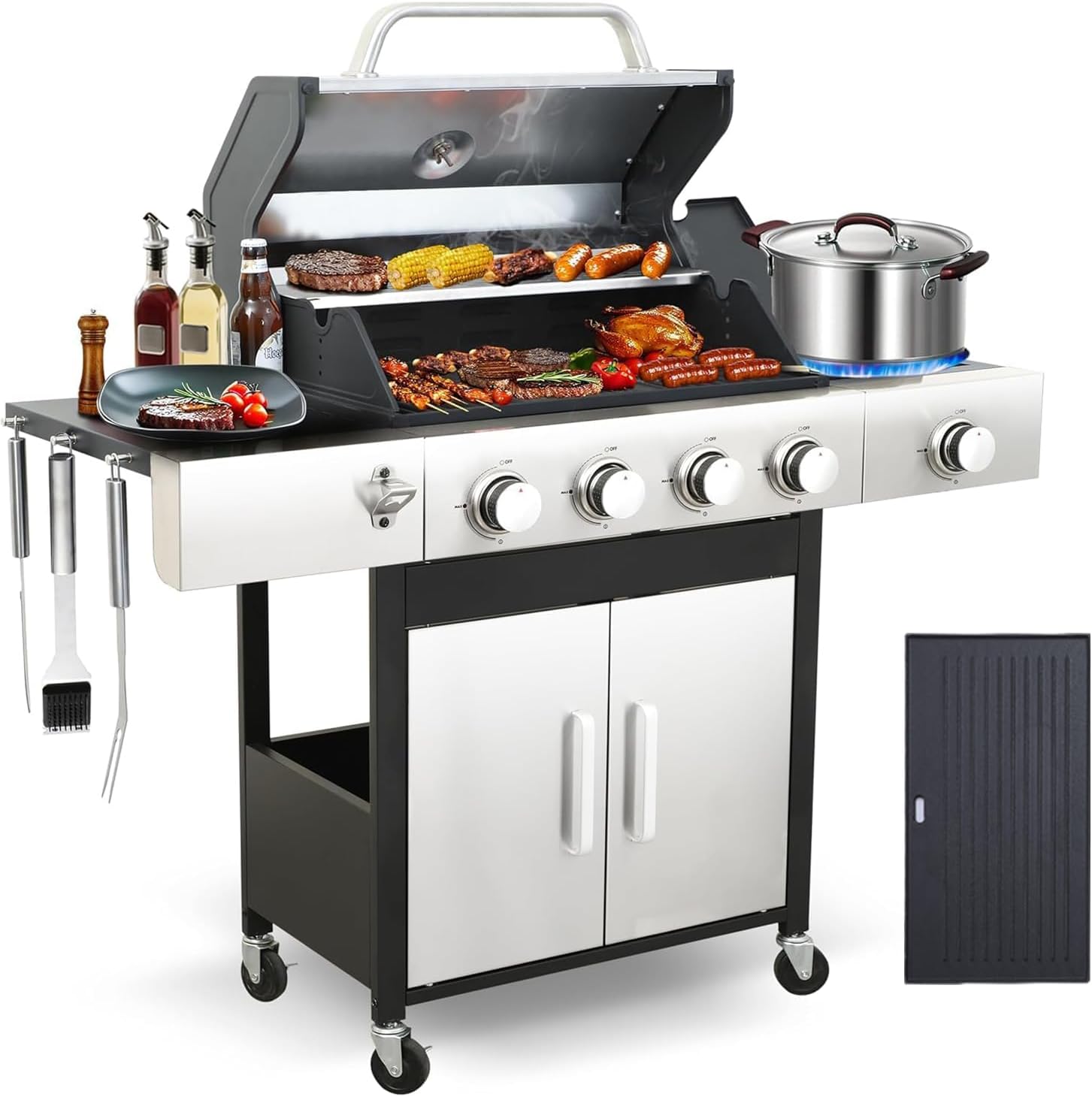 4-Burner Gas Grill, 49,000 BTU BBQ Grill with Side Burner, Propane Grill with Porcelain Cast Iron Grates Fast Heating Easy Clean for Outdoor & Camping