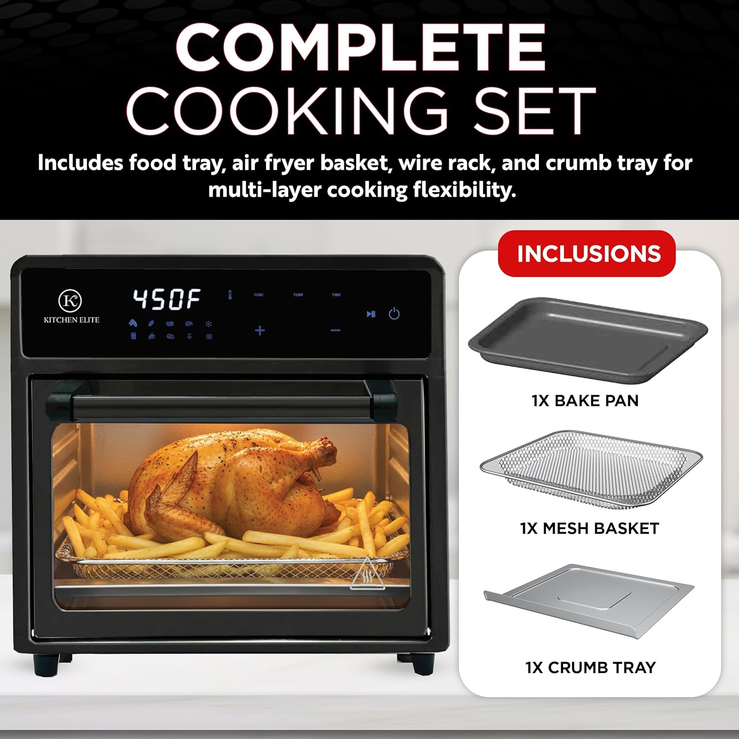 Kitchen Elite Air Fryer Toaster Oven Combo,10-in-1 12.6QT Compact Countertop Oven,9 Touch Screen Presets & 1 DIY Function,Easy Digital Controls,4 Accessories Included (Black)