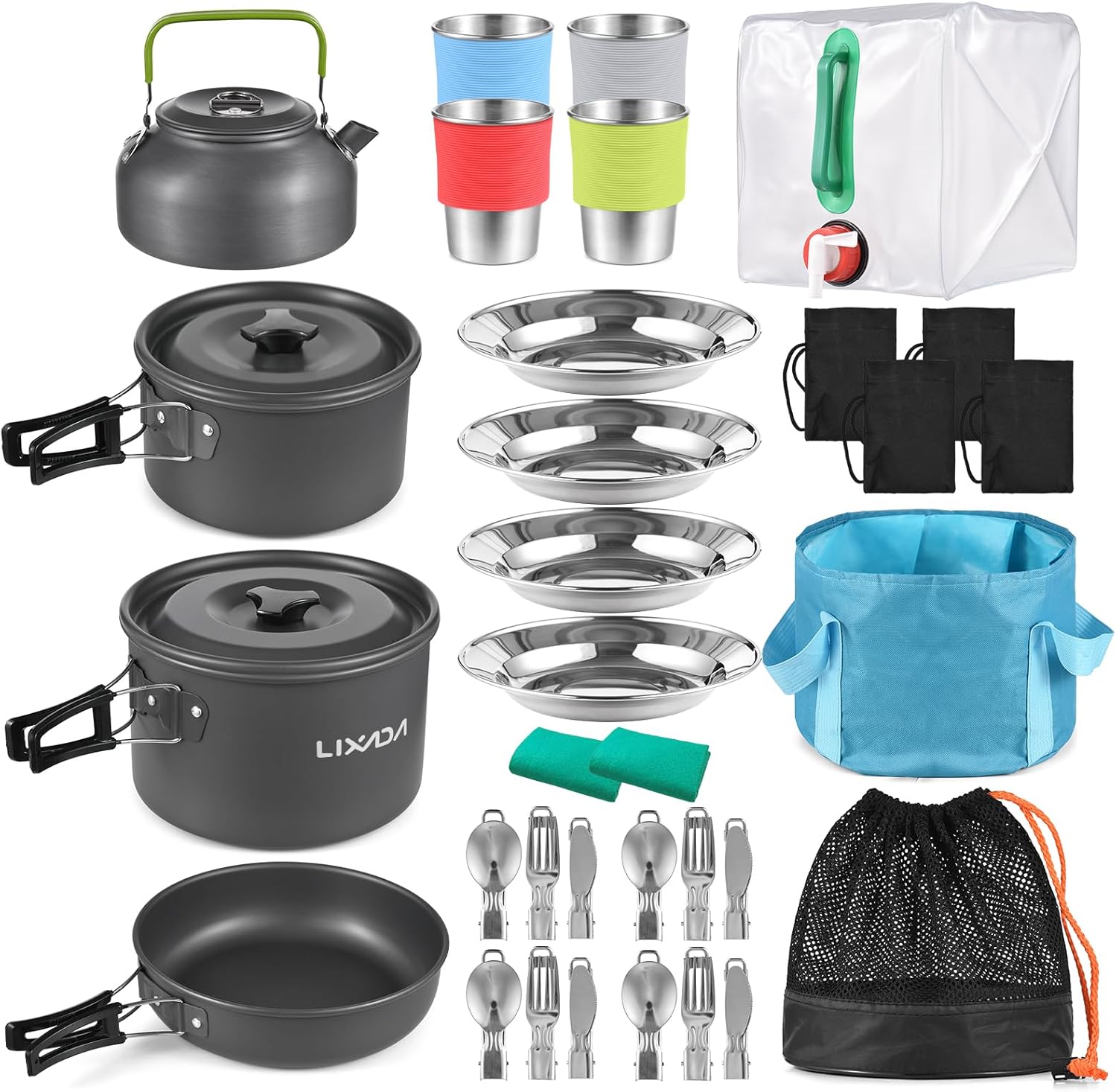 Lixada 33PCS Camping Cookware Kit Cookware Mess Kit Outdoor Cooking Utensils Kit with Tableware Collapsible Bowl Pan for Family Hiking Travel Picnic Fork