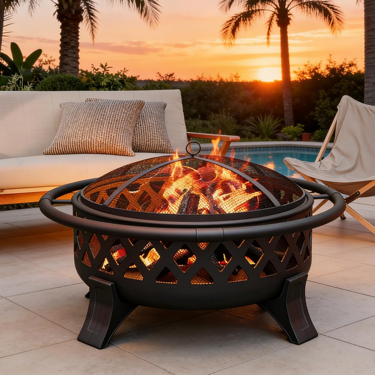 Outdoor Fire Pits with Spark Screen Cover, 37 Inch Wood Burning Fire Pit with Stoker Tool, Portable Firepits for Outside Patio, Backyard, Camping