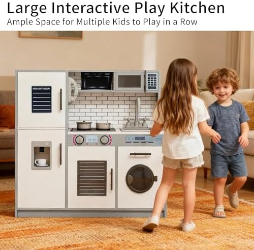 Kids Kitchen Playset with Lights & Sounds, Wooden Play Kitchen with Sink, Washing Machine, Ice Maker & Pretend Play Accessories, Educational Toy Kitchen Set for Toddlers, White