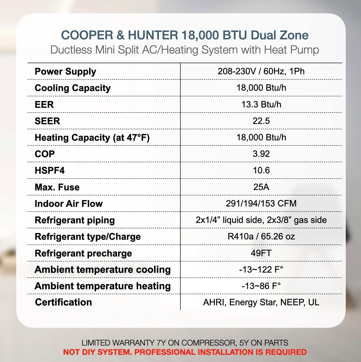 Cooper & Hunter 18,000 BTU Dual 2-Zone 12K + 12K BTU Wall Mount Ductless Mini Split Air Conditioner & Heat Pump – 25FT Installation Kits – 22.5 SEER – Pre-Charged with R-410A – Inverter