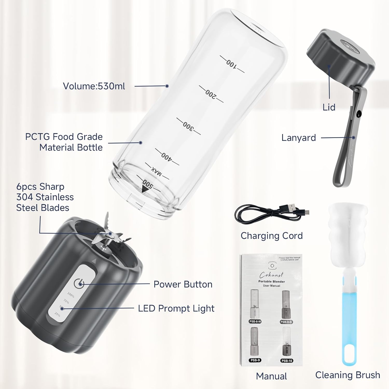 COKUNST 17Oz Portable Blender for Shakes and Smoothies, USB Rechargeable Smoothie Blenders with 6 Blades, Mini Mixer Personal Blender Juicer with Extra Handle Lid for Travel Gym Picnic Office, Grey