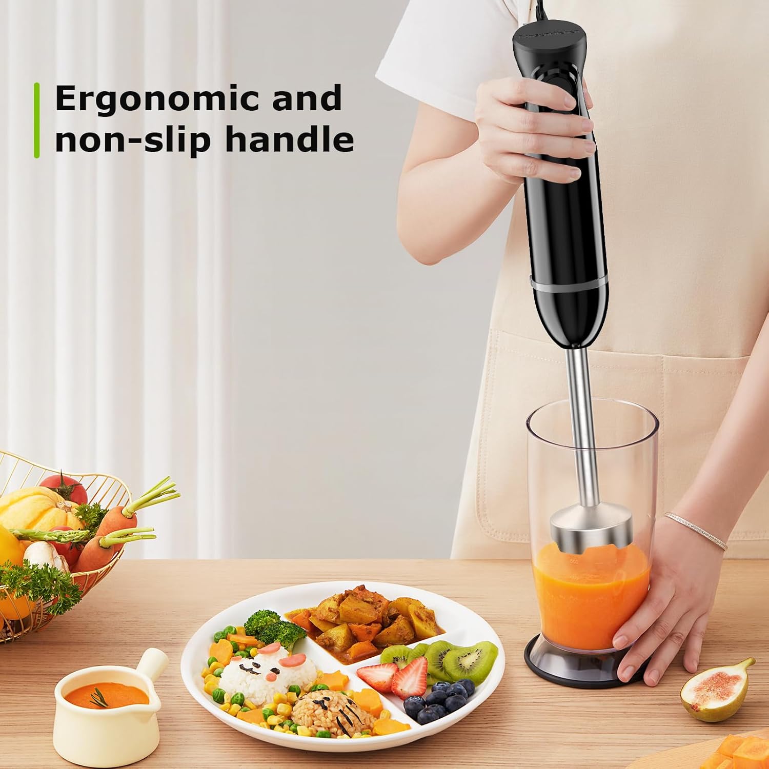 Bonsenkitchen Hand Blender, Immersion Blender with 2 Mixing Speed, Electric Handheld Mixer Portable Stick Mixer with Stainless Steel Blades for Soup, Smoothie, Puree, Baby Food