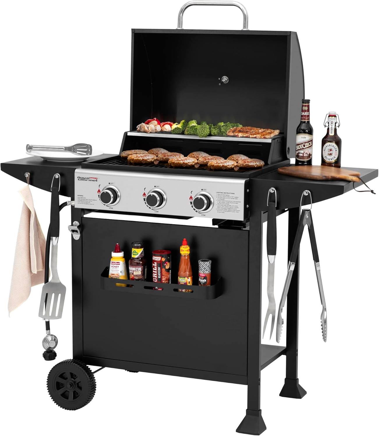 3-Burner Propane Gas Grill with Side Tables, Cart Style Gas Grill with Front Board, 496 Sq. In. Cooking Area for Outdoor Cooking, Black, GH3001H-SC