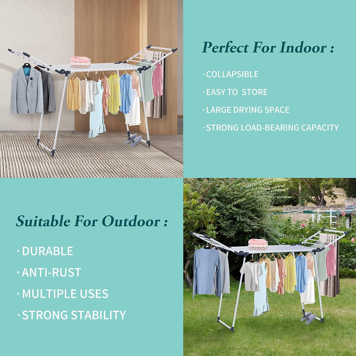 Clothes Drying Rack, Gullwing Laundry Rack, Collapsible, Space-Saving Laundry Rack, with Sock Clips, for Clothes, Towels, Linens, Indoor/Outdoor