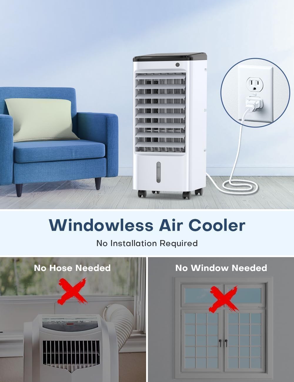 Evaporative Air Cooler, Swamp Cooler Air Conditioner w/12H Timer for Auto-off, 6 Upgraded Ice Packs, 3-Speed Windowless AC, Smart Remote, DualTank Portable Air Cooler for Room, 65 watts, White