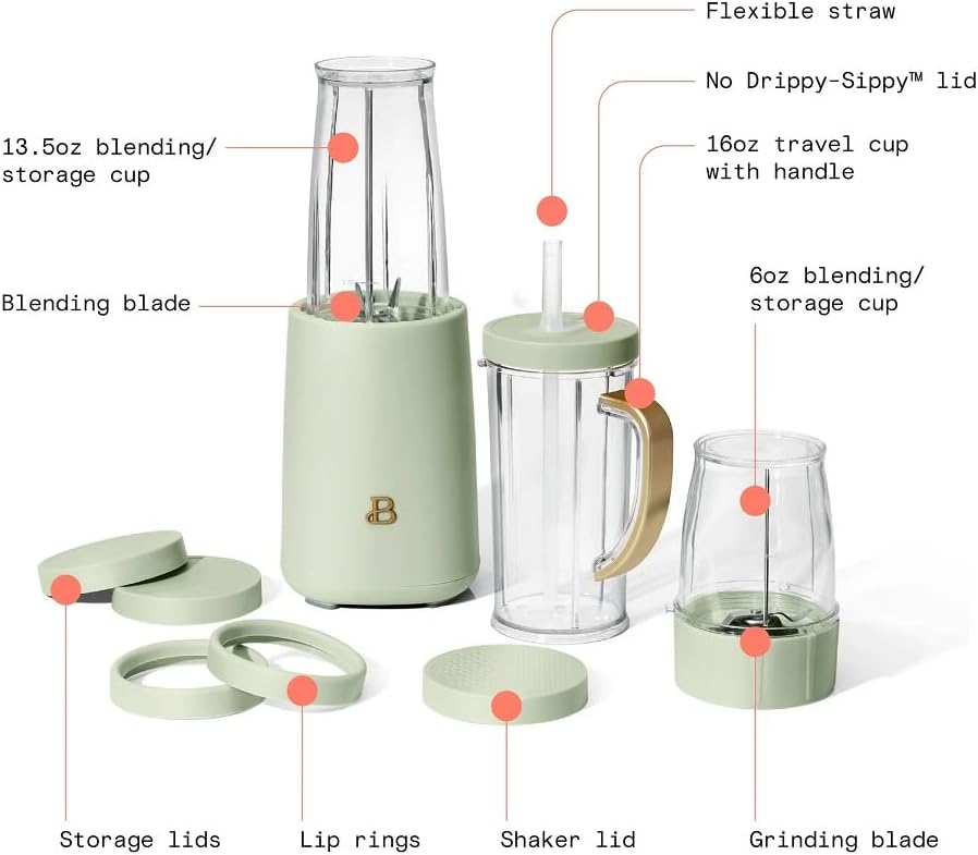 Beautiful Personal Blender Set with 12 Pieces, 240 W, Sage Green by Drew Barrymore
