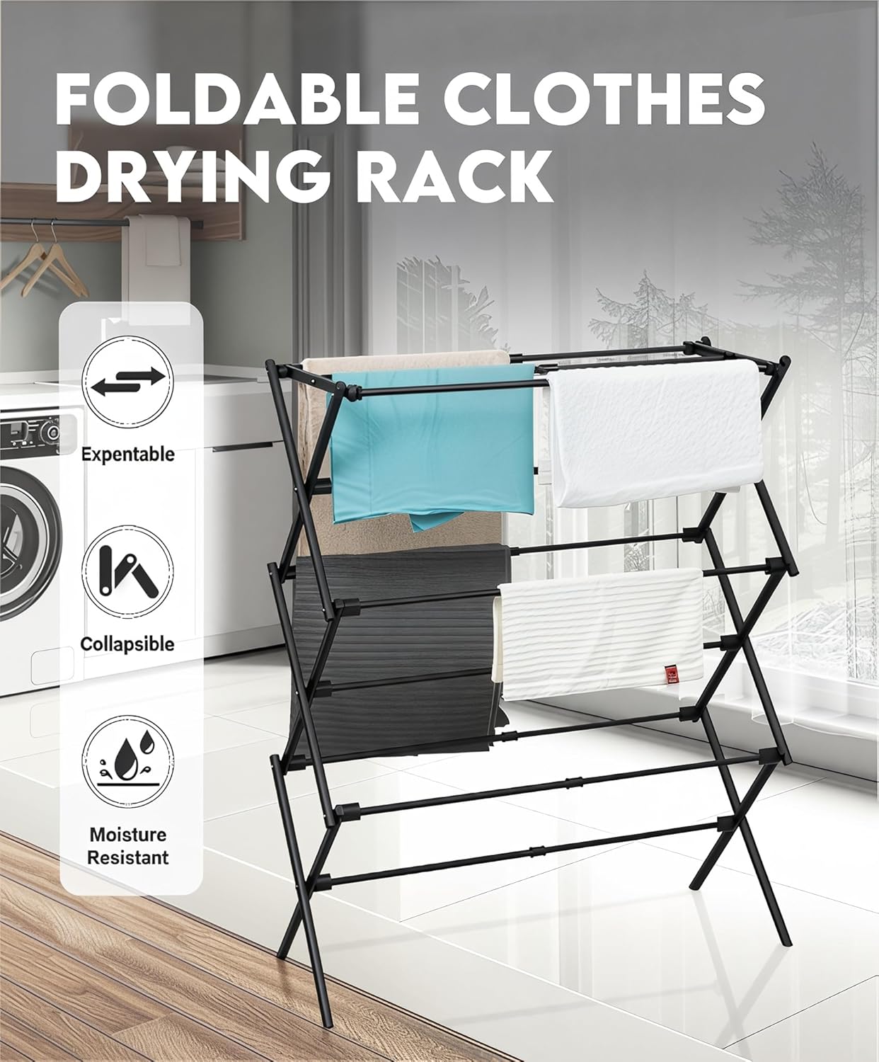 3-Tier Metal Folding Clothes Drying Rack, Laundry Drying Rack Clothing | Collapsible Dryer Racks for Laundry | Indoor & Outdoor,Black