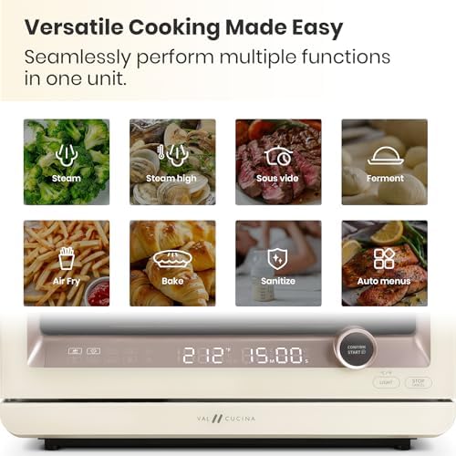 VAL CUCINA 7-in-1 Steam Convection Oven Countertop with Air Fry, Bake, Sous Vide, Ferment, Built-in Recipes | Anti-Scalding, Self Clean, Food-grade Stainless Steel Cavity & Accessories | 1500W