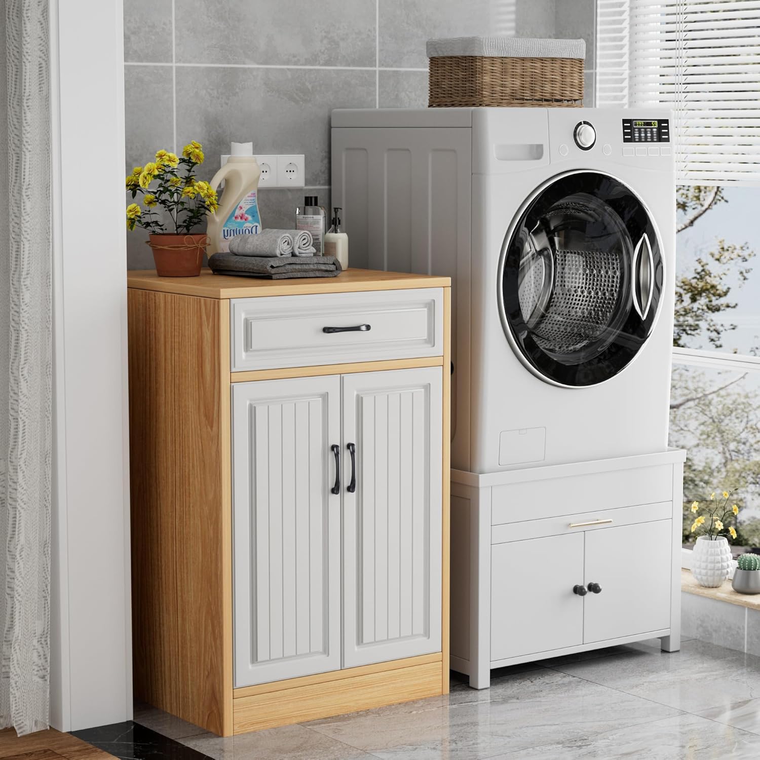 Washer and Dryer Pedestals, Washer and Dryer Stand with Door, Heavy Duty Metal Washing Machine Stand with Laundry Basket Shelf, Universal Fit Anti-Vibration Laundry Pedestal, 810 LBS Capacity