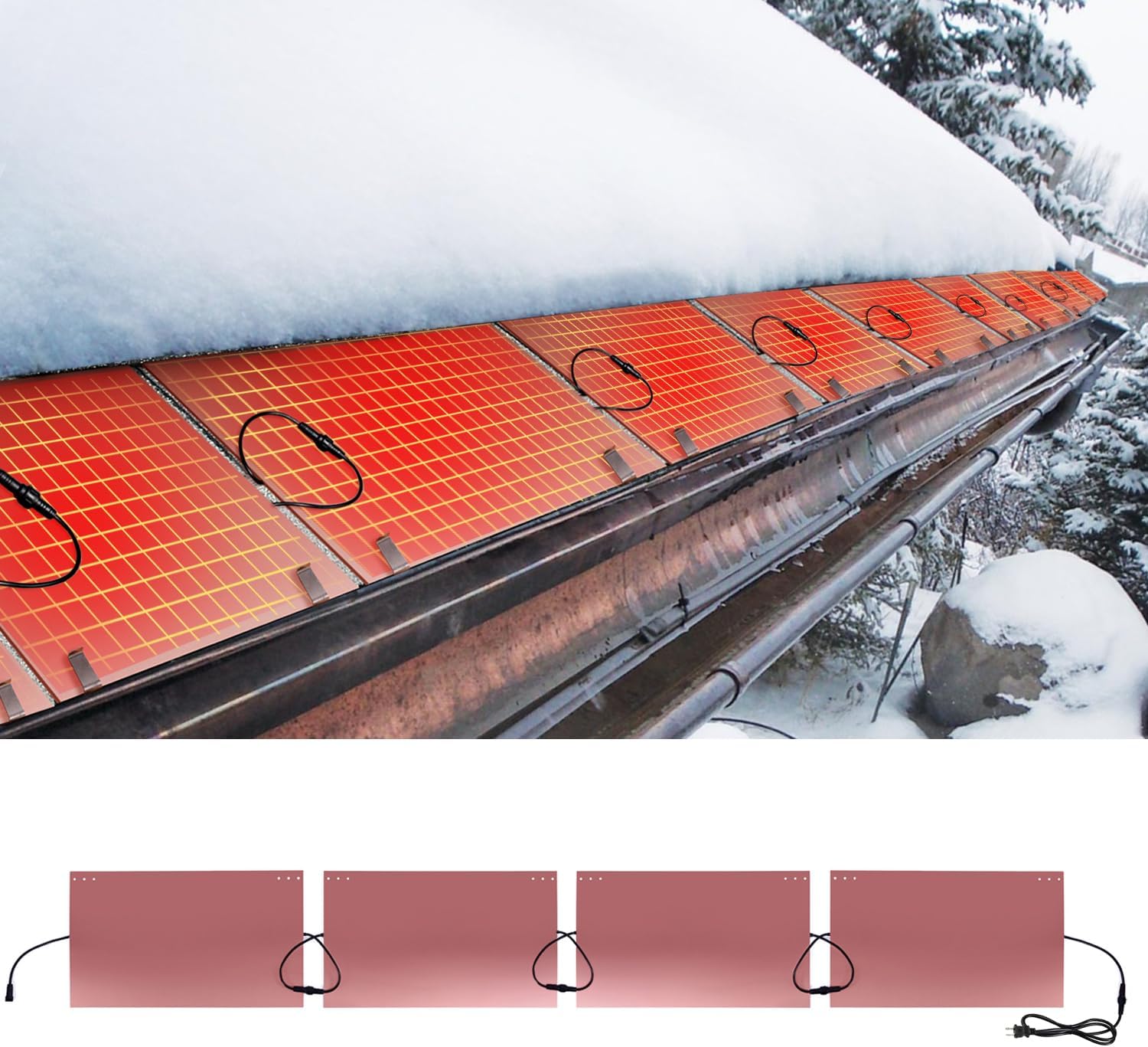 H&G lifestyles 8FT Roof Snow Melting System, Roof Heaters to Prevent Ice Dams, Roof Ice Melt System Heated Aluminum Panels with Self-Regulating 8W/FT Heat Cable,De-Icing Kit with Clips(4 Packs)