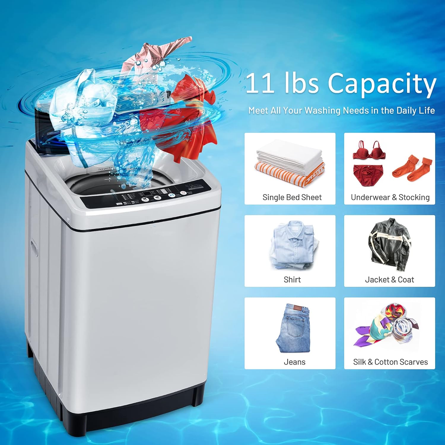 COSTWAY Portable Washing Machine, 11Lbs Capacity Full-automatic Washer with 8 Wash Programs, LED Display, 10 Water Levels, Compact Laundry Washer and Spinner Combo for Apartment Dorm, Grey