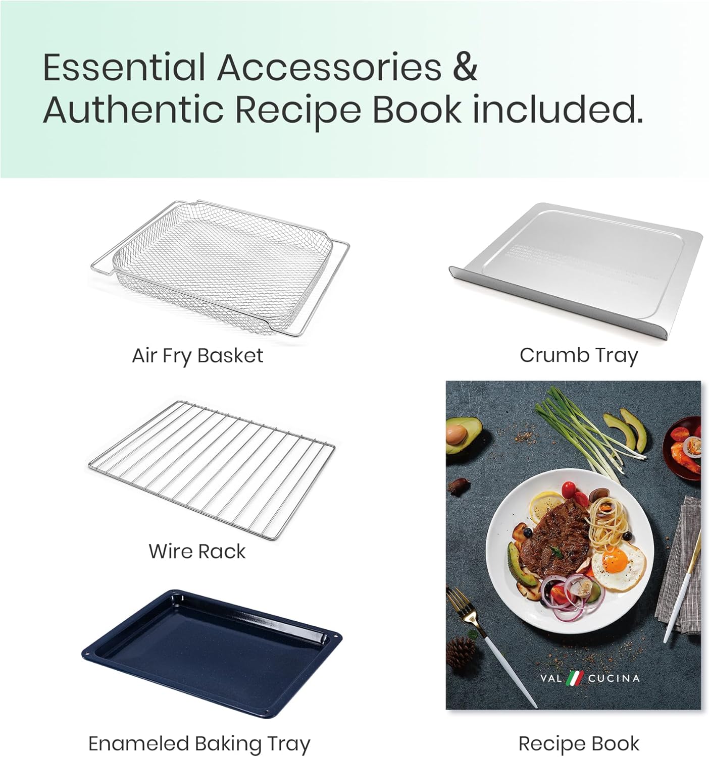 VAL CUCINA Retro Style Infrared Heating Air Fryer Toaster Oven, Extra Large Countertop Convection Oven 10-in-1 Combo, 6-Slice Toast, Enamel Baking Pan Easy Clean with Recipe Book, Green Color