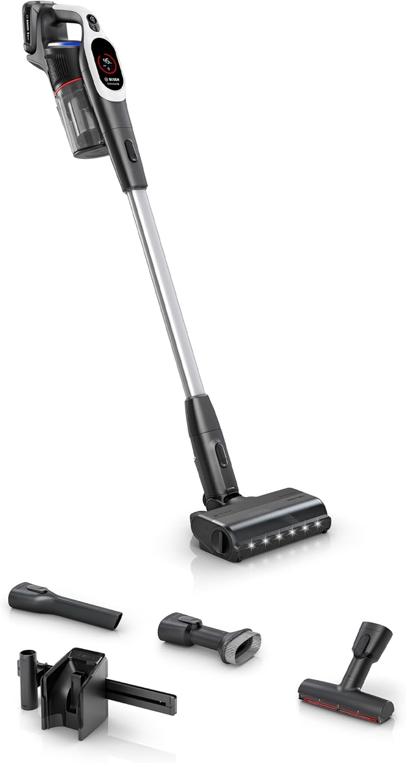 Bosch Unlimited 9 Cordless Vacuum, White, >99.9% Dust Pick-up, 60min Runtime, 3 Extra Accessories, Dust Compression to Avoid Dust Clouds, HEPA Filter, for Carpet, Hardwood, & Upholstery