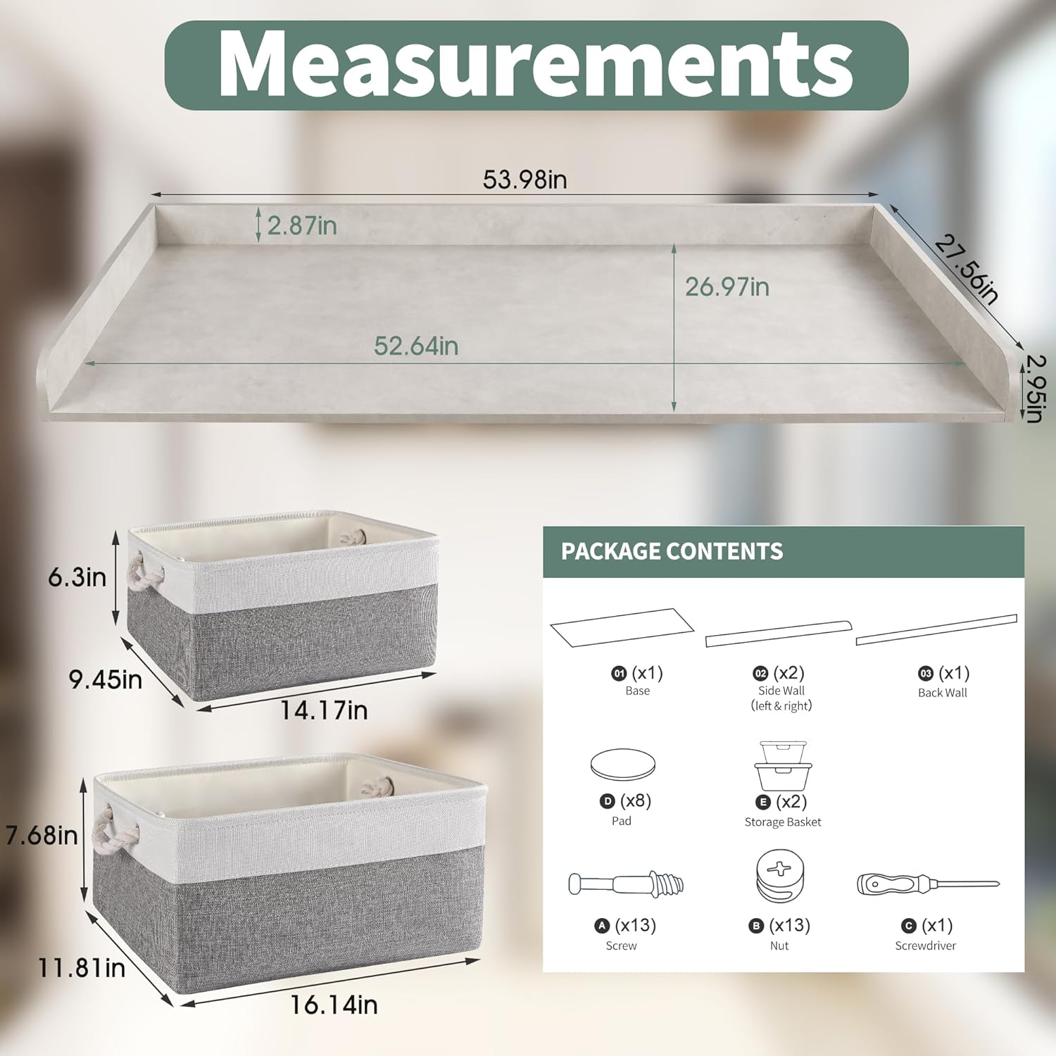 Washer Dryer Countertop with 2 Pack Storage Baskets, Wood Washer and Dryer Countertop with Non-Slip Pads/Edge Rails for Laundry Room Storage and Organization, 27.5