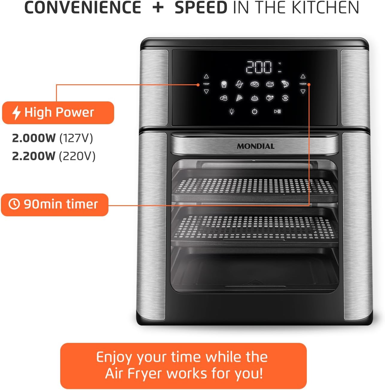 Air Fryer Oven 1800W, 12.7QT Capacity, Touchscreen Panel, Automatic Shut-Off – Black & Stainless Steel – Mondial