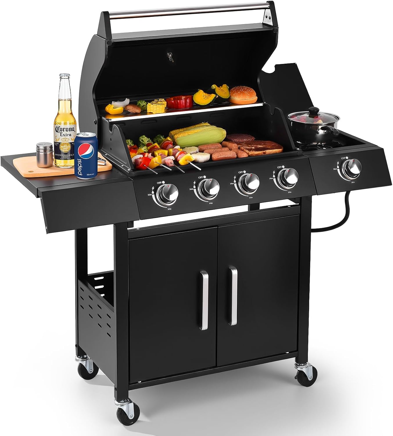 4-Burner w/Side Burner Gas Grill with 292 SQ.IN. Outdoor Grill with 44,000 BTU,Grills Outdoor Cooking for Patios, Camping, Outdoors, Propane Grills with Top Cover Lid-Q043