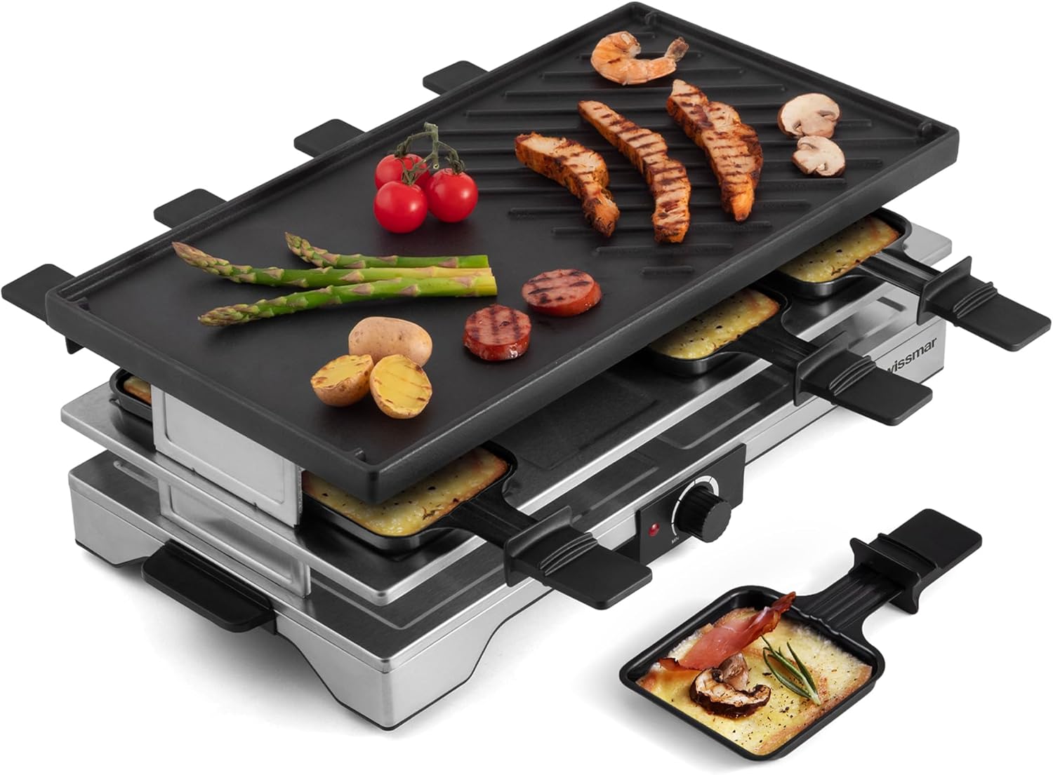 Swissmar Verso Indoor & Outdoor Raclette Grill with Cast Iron Reversible Griddle / Grill Top - 1700W Electric Raclette Set with PFAS-Free Nonstick Dishes, Variable Heat Control, 8-Person