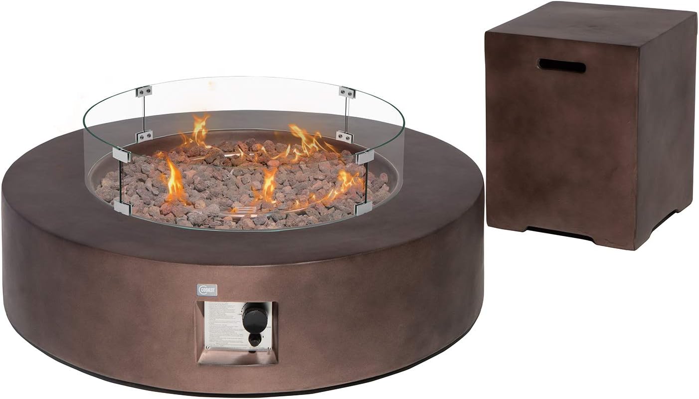 COSIEST 2-Piece Outdoor Propane Firepit Table Set w Tank Table, 42 inch Dark Fire Table Certified, 50,000 BTU w Bronze Round Base,Wind Guard and 16 inches Tank Side Table 20lb for Garden,Pool
