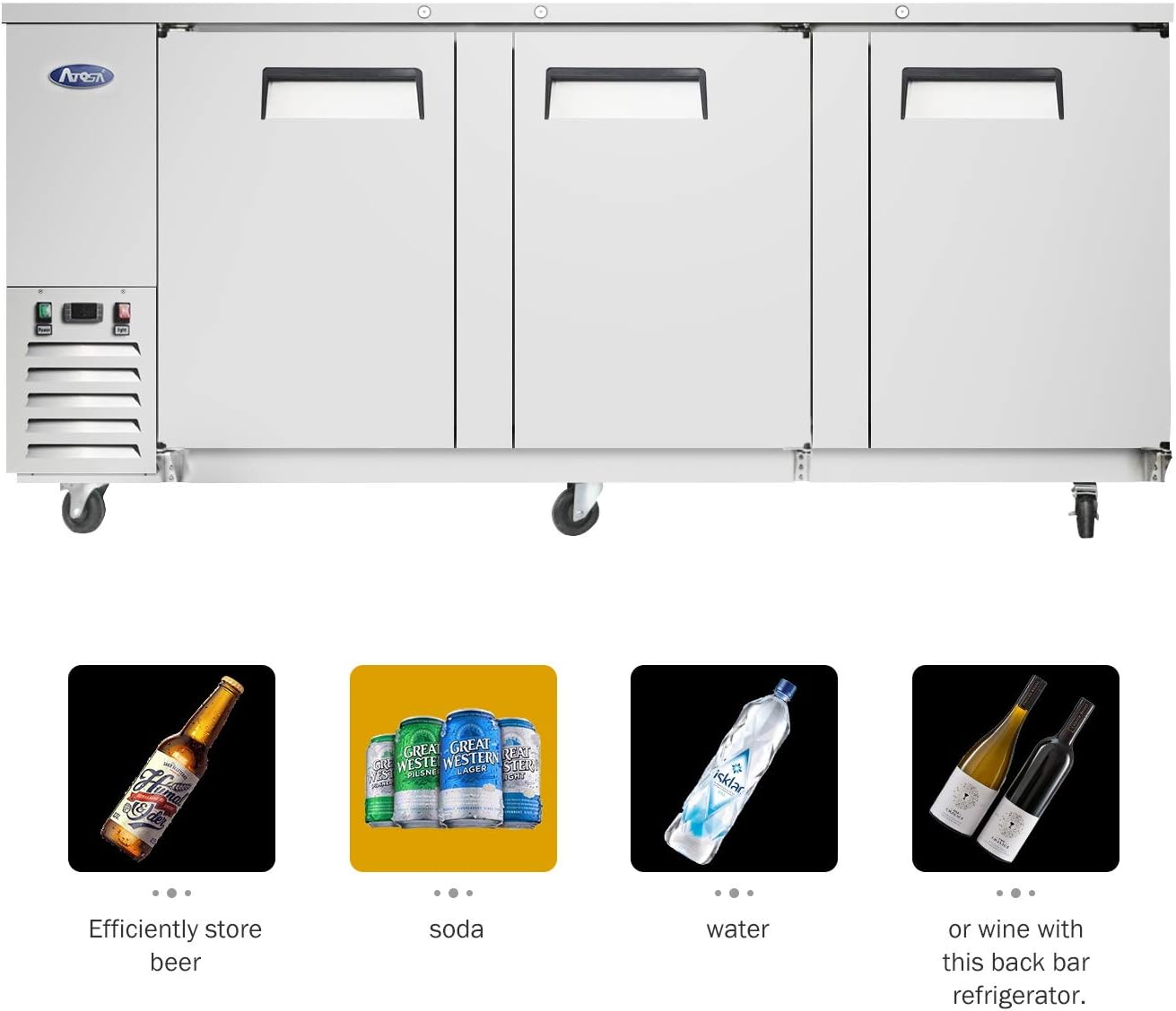 Atosa Commercial Bar Back Refrigerators, Counter Height 3 Doors Beer Beverage Cooler with LED Lighting MBB90
