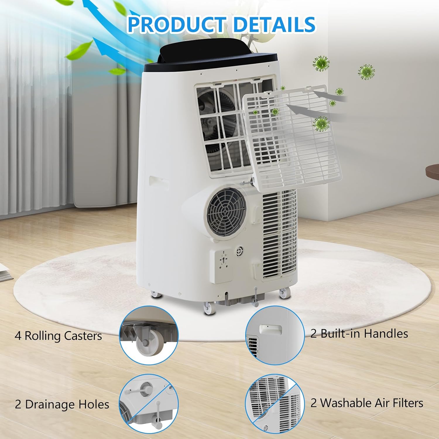 14,000 BTU Portable Air Conditioner with Dual Motor Fast Cooling, AC/Dehumidifier/Fan, Cools Up to 700 Sq Ft, 50 DB Quiet Sleep Mode, Remote & 24-Hour Timer,360° Mobility