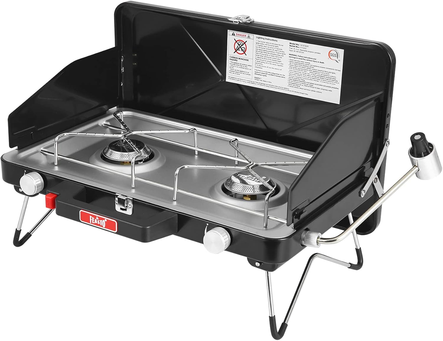 2 Burner Propane Camping Stove with Folding Legs, Outdoor Portable Camp Stove with Push-Button Ignition & Wind Guards for Camping, Tailgating, BBQ, & More, Black