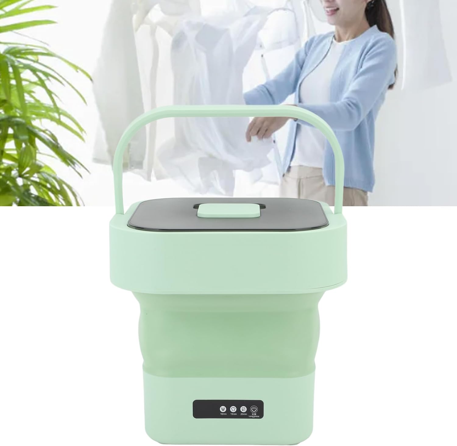 Portable Washing Machine, 10L Fully Automatic Spin Drying Function Foldable Mini Clothes Washer for Underwear Baby Clothes Basket Laundry Machine for Travel, Apartment (US + Green)