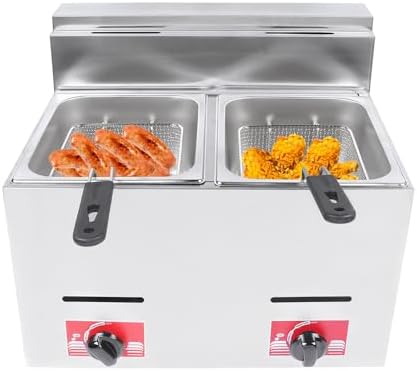 6L*2 Heavy Duty Deep Fryer,Commercial Gas Deep Fryer,Stainless Steel Countertop Deep Gas Fryer with Dual Baskets/Lid for Home Restaurants