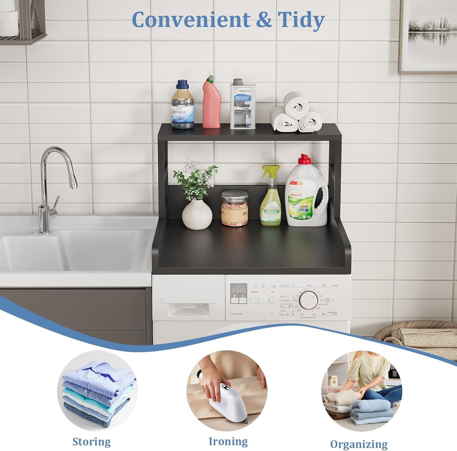 Washer Dryer Countertop, 27.5″Dx 27.5″W x 16.7″H, Non-Slip Pads, Laundry Countertop with Curved Edge, Laundry Room Storage and Organization for Clothes Folding and Sorting(Black)