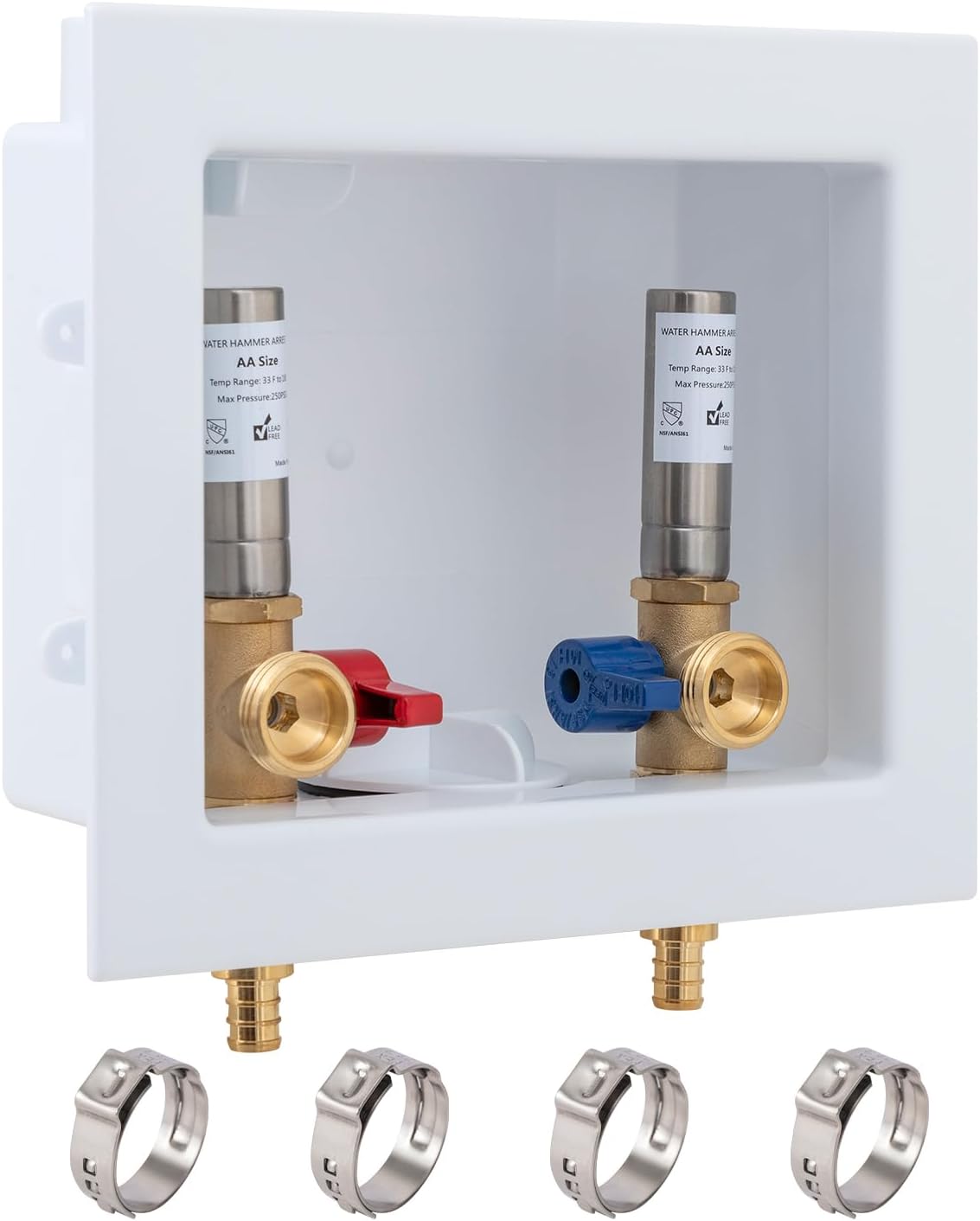 SUNGATOR Washing Machine Laundry Outlet Box, Washer Water Valve Wall Box with Center Drain, 1/2 Inch Pex Crimp Inlet x 3/4 Inch MHT Outlet, with Stainless Steel Water Hammer Arrestor and 4 Crimp Rings