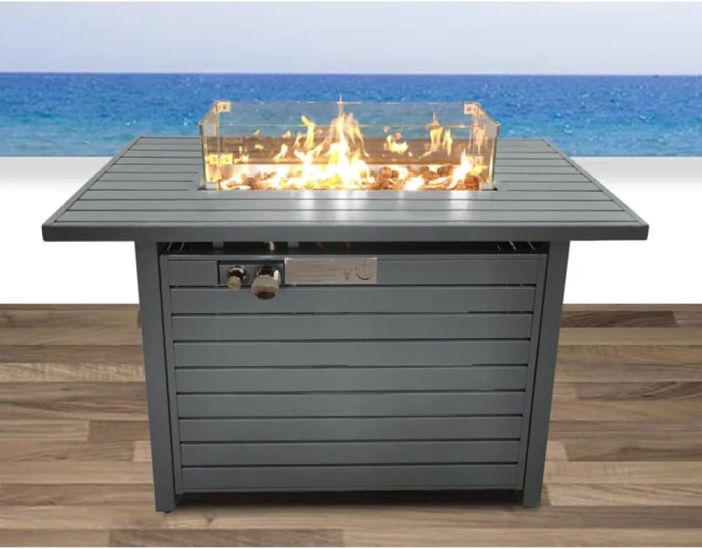 42 Inch Steel Propane Fire Pit Table with Lid for Outdoor Patio Deck, Convertible to Natural Gas, Heat Resistant Coating