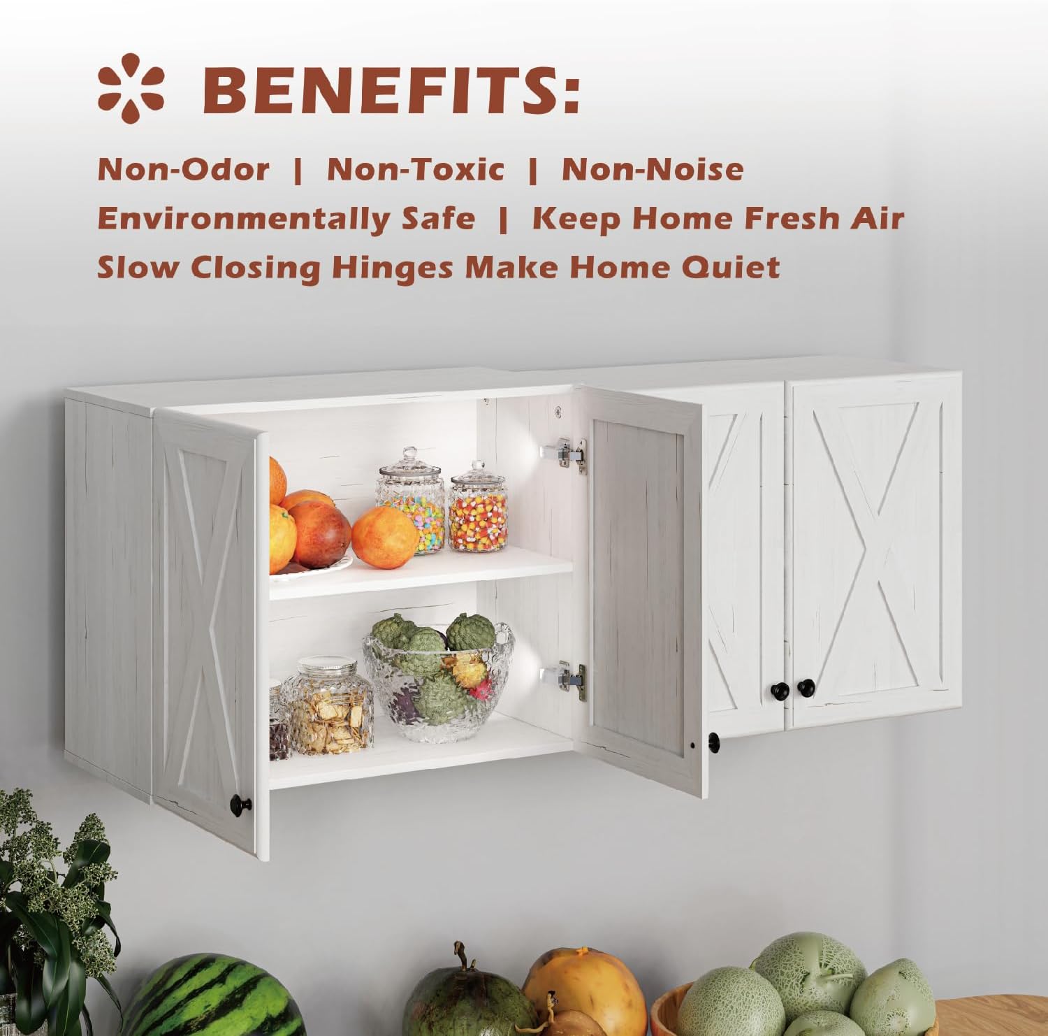 Wall Storage Cabinets - Farmhouse Kitchen Laundry Wall Mounted Cabinets with 4 Doors and Shelves, in White with Grain, 24'Wx2Pcs