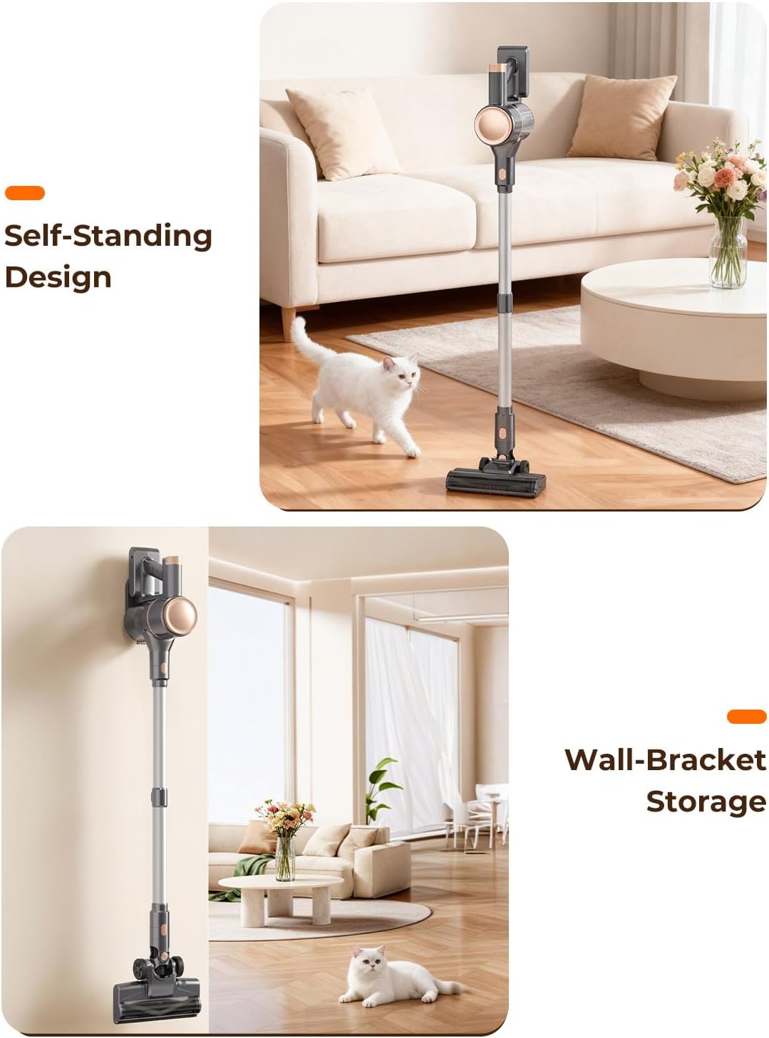 N8 Cordless Vacuum Cleaner,Lightweight Stick Vacuum with Powerful Suction,2200mAh Battery,40 Mins Runtime,Self-Standing,Rechargeable Vacuum Cleaners for Home Hardwood Floor Carpet Pet Hair (Gold)