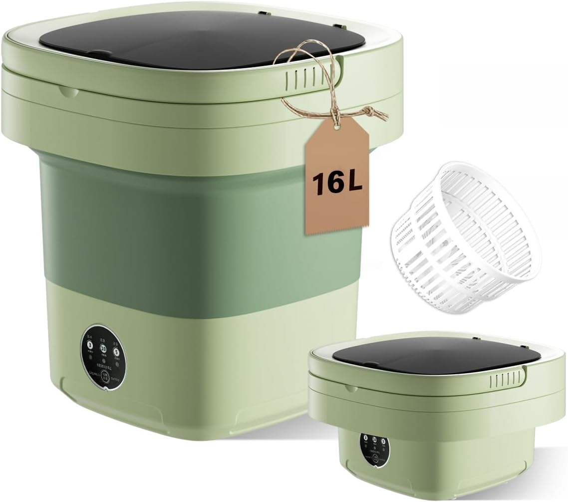 16L Large Capacity Portable Washing Machine, Laundry Washer Cleaning for Underwear, Baby Clothes, Shirts,Small Delicates. Foldable Mini Washer and Dryer Combo for Apartment,Hotel,Camp,RV,Travel(Green)