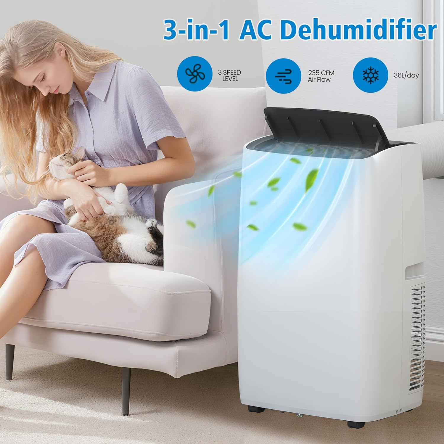 Heynemo 14,000 BTU 3-in-1 Portable Air Conditioner with Heat, Dehumidifier & Fan, Smart WiFi Control, Quiet AC for Bedroom, Office, Living Room, Easy Install, White