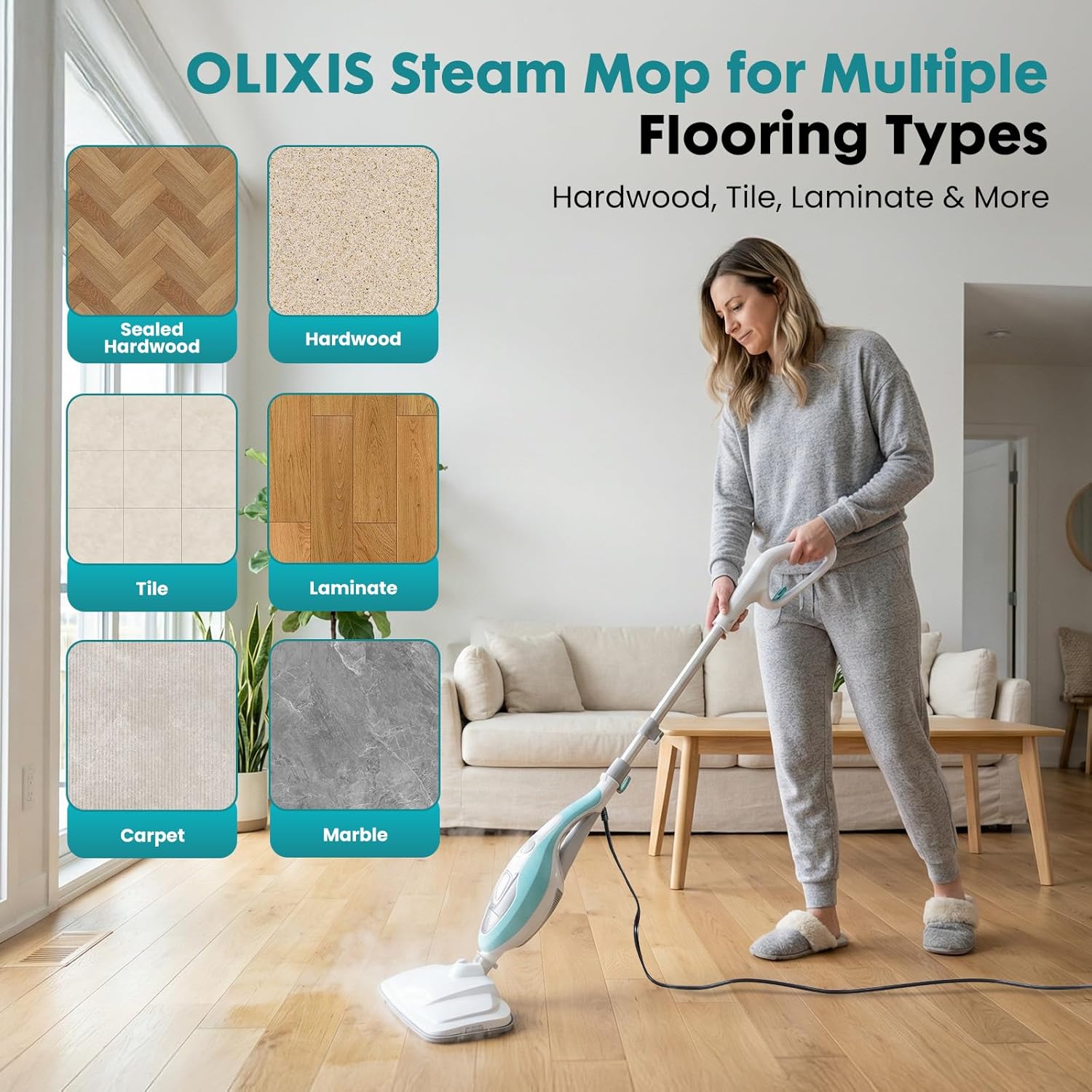 OLIXIS 10-in-1 Steam Mop, 1550W Detachable Handheld Steam Cleaner for Floor Cleaning, 16.4FT Cord, 2 Washable Pads, Multi-Purpose Floor Steamer for Hardwood, Carpet, Tile, Grout, Windows, White Green