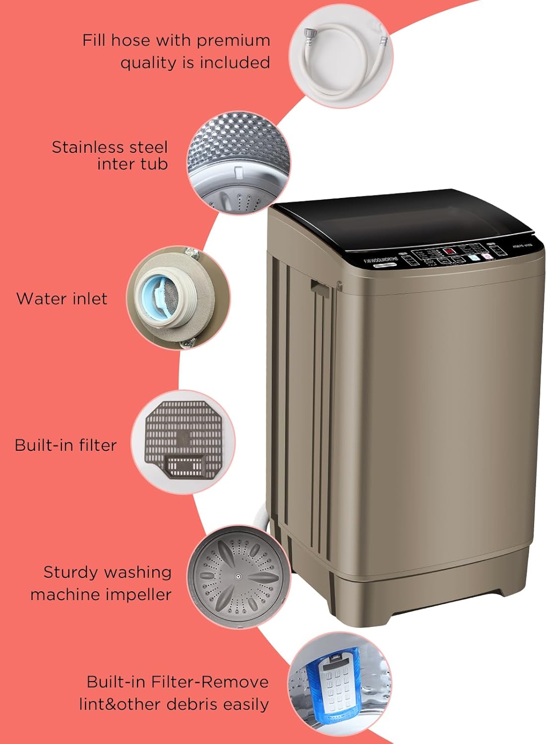 17.7 lbs Full Automatic Washing Machine with Spin Dryer - 10 Wash Programs, 8 Water Levels, LED Display, Drain Pump, Washer for Apartment, Dorm, Home, Gold